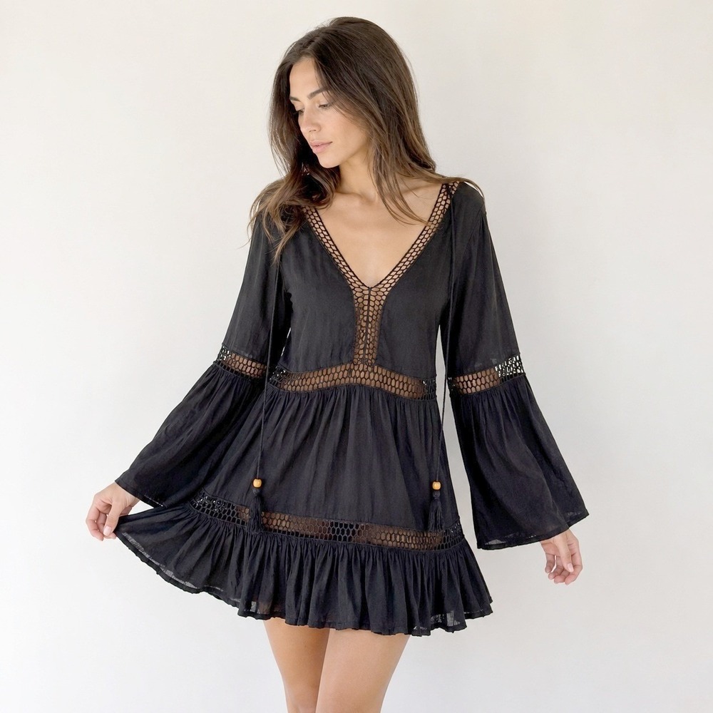 Forever 21 Salt Canyon Women's Medium Black Mini Dress Boho Crochet Festival NWT - Picture 1 of 9